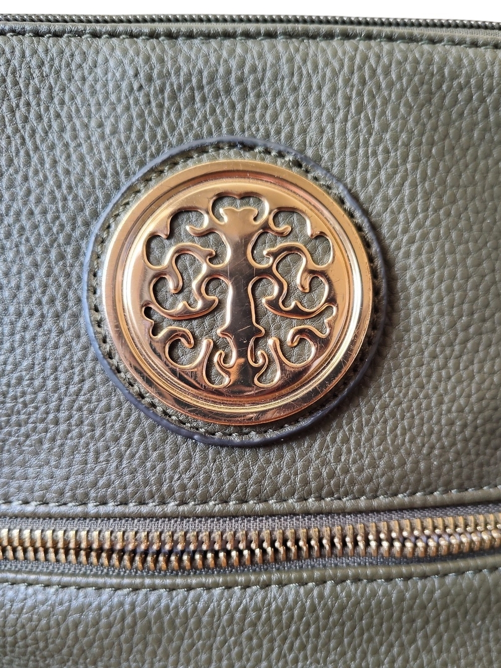Tree Of Life Pebbled Olive Green Crossbody Bag with Gold Medallion Womens - Picture 3 of 6